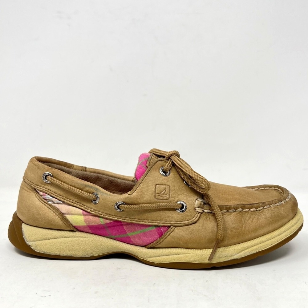 Sperry Womens‎ Plaid Tan Pink Green Leather Boat Deck Shoes Size 6M Preppy Girl